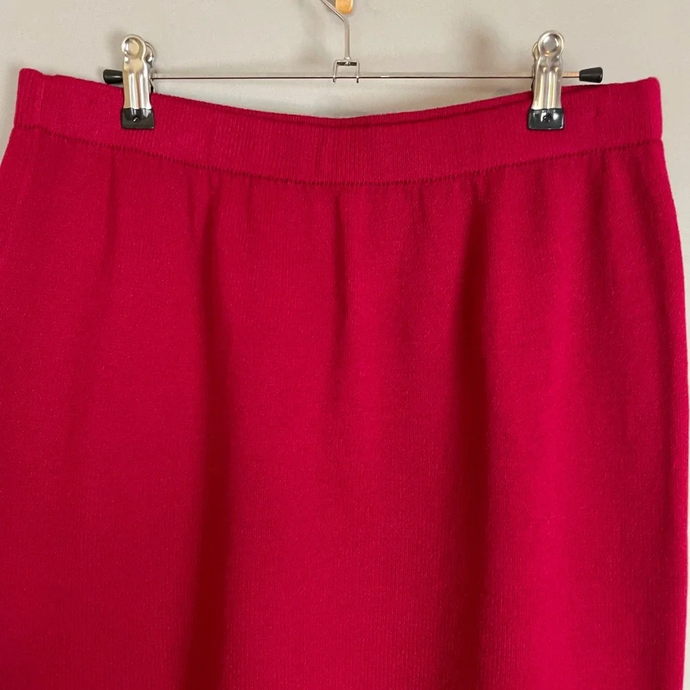 St John Collection Marie Gray Pencil Skirt Red Santana Knit Elastic Waist Sz 14